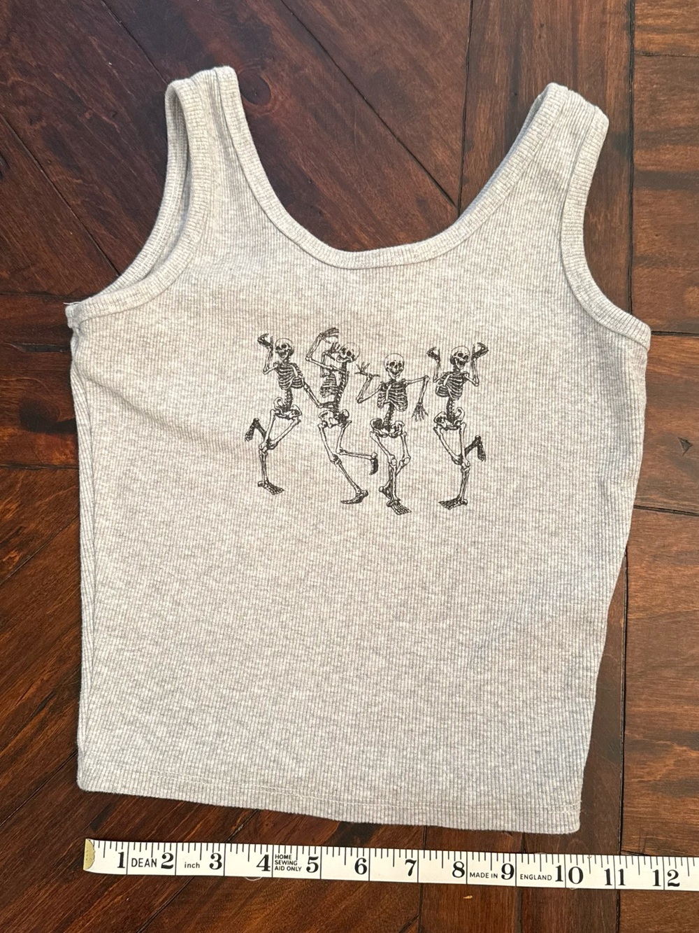 Ribbed Light Gray Tank Top with Dancing Skeletons